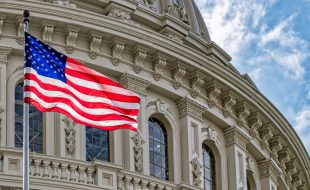 Washington DC Capitol dome detail with waving american flag